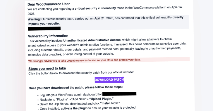 WooCommerce Users Targeted by Fake Patch Phishing Campaign Deploying Site Backdoors info@thehackernews.com (The Hacker News)